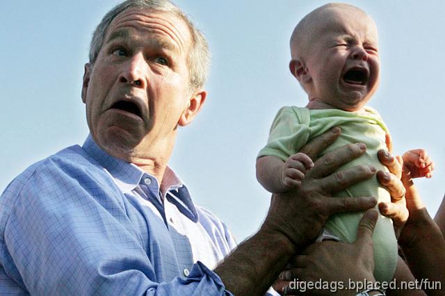 george+bush+baby.jpg - A woman gets onto a bus with her baby. The bus driver says, "That's the ugliest baby that I've ever seen. Ugh!" The woman goes to the rear of the bus and sits down, fuming. She says to a man next to her, "The driver just insulted me!" The man says, "There's no call for that. You go right up there and tell him off. Go ahead, I'll hold your monkey for you."